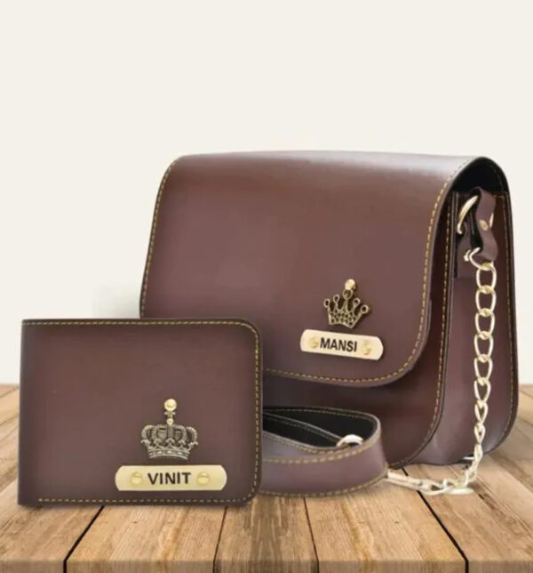 Personalized Couple’s Combo : Chained Sling Bag ( Product 1 ) & Men’s Wallet (Product 2)- Brown
