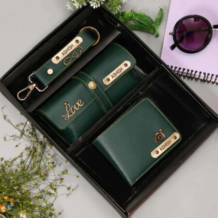 Personalized Men’s wallet, keychain & eyewear case hamper