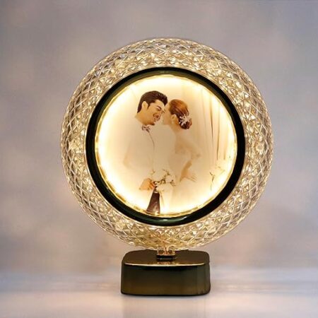 Crystal Glass (Round) Photo Frame With Golden Light Photos