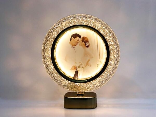 Crystal Glass (Round) Photo Frame With Golden Light Photos