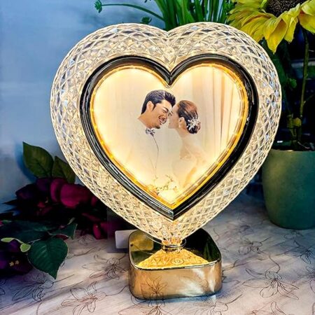 Crystal Glass (HEART) Photo Frame With Golden Light Photos